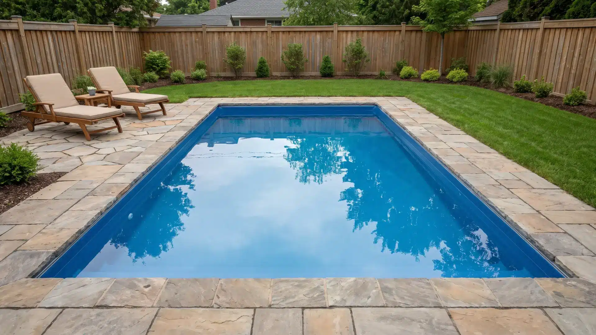 Finished 8-by-12-foot rectangular inground pool with vinyl liner in a compact furnished backyard