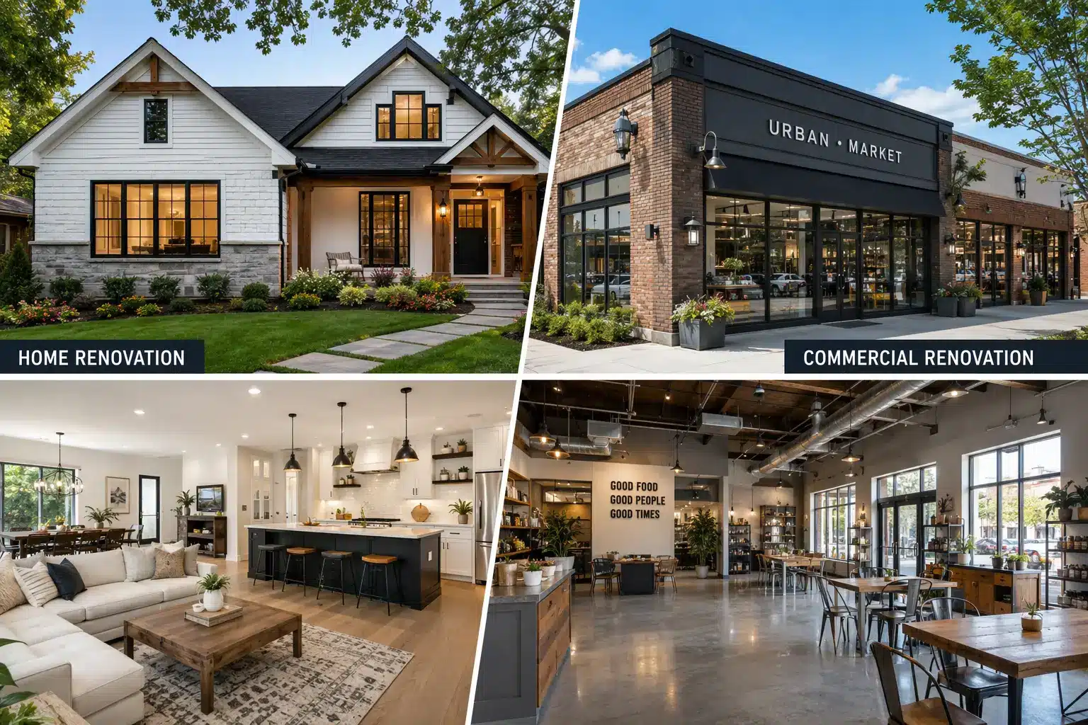 Split image showing home renovation and commercial renovation with modern interiors and exteriors