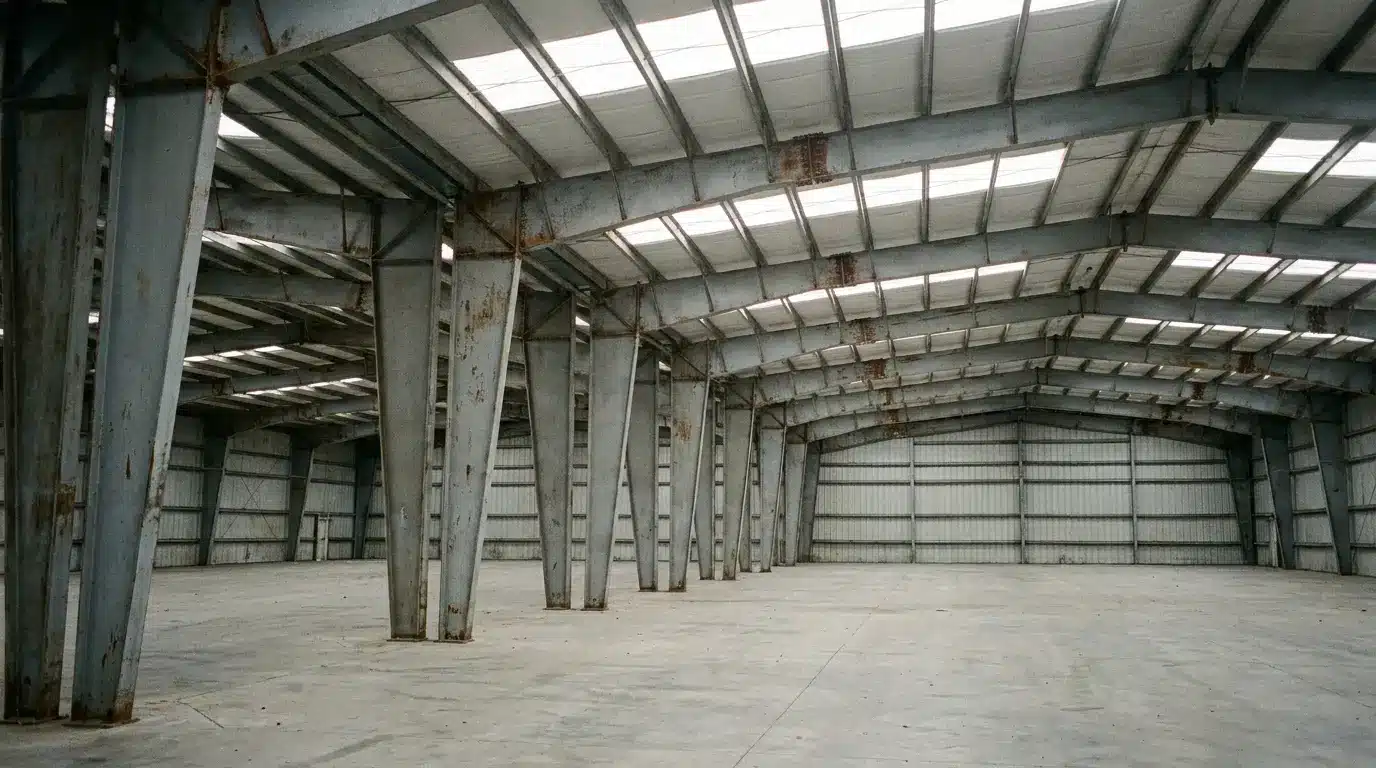 Empty industrial warehouse interior with metal beams and concrete floor