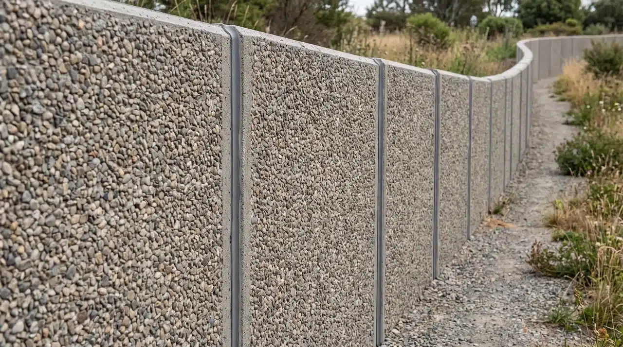 Precast concrete wall panels joined edge to edge with sealed keyed joints and exposed-aggregate surfaces