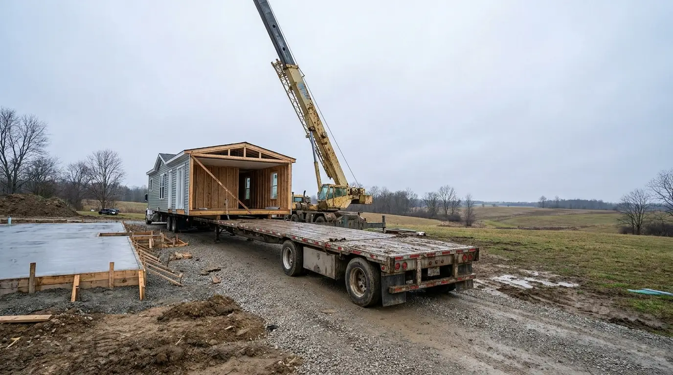 Mobile home being transported by crane on flatbed trailer in rural construction site