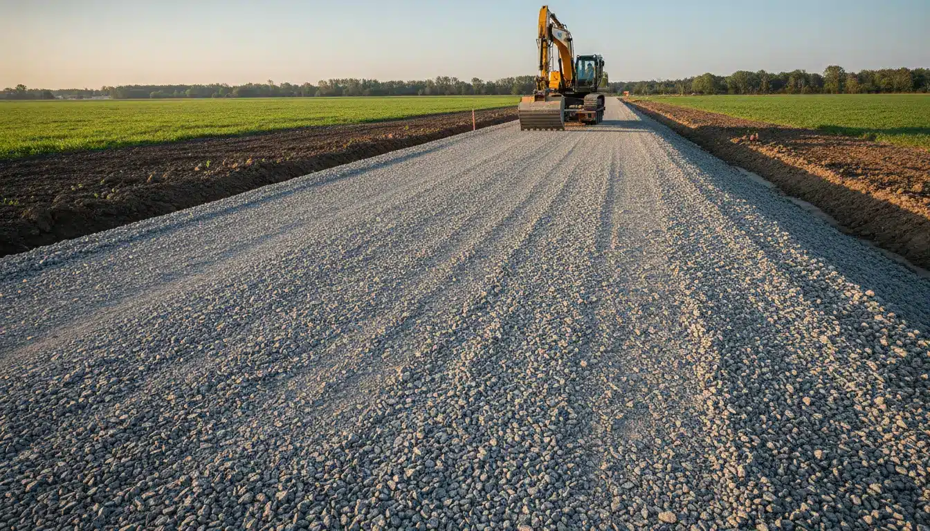 Excavator on gravel road under construction in a rural landscape at sunset