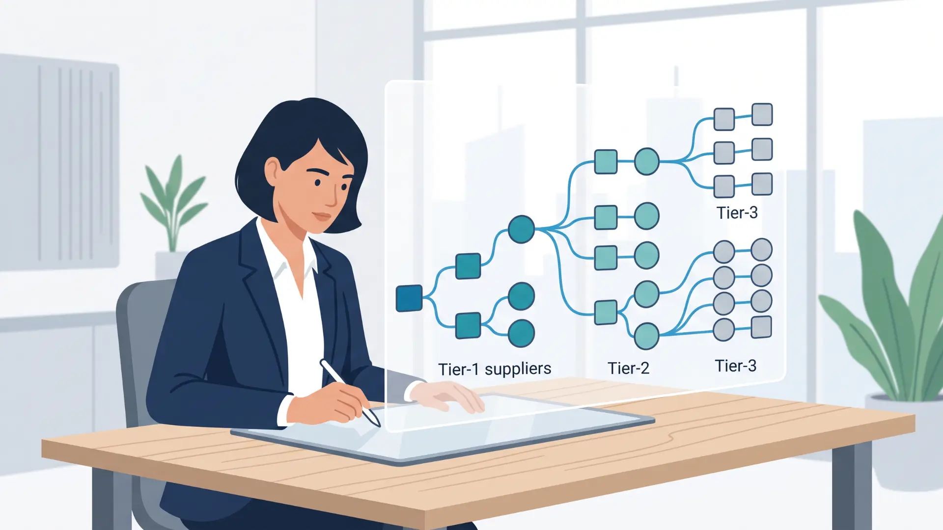 Procurement professional reviewing a supplier network diagram with Tier-1, Tier-2, and Tier-3 suppliers.