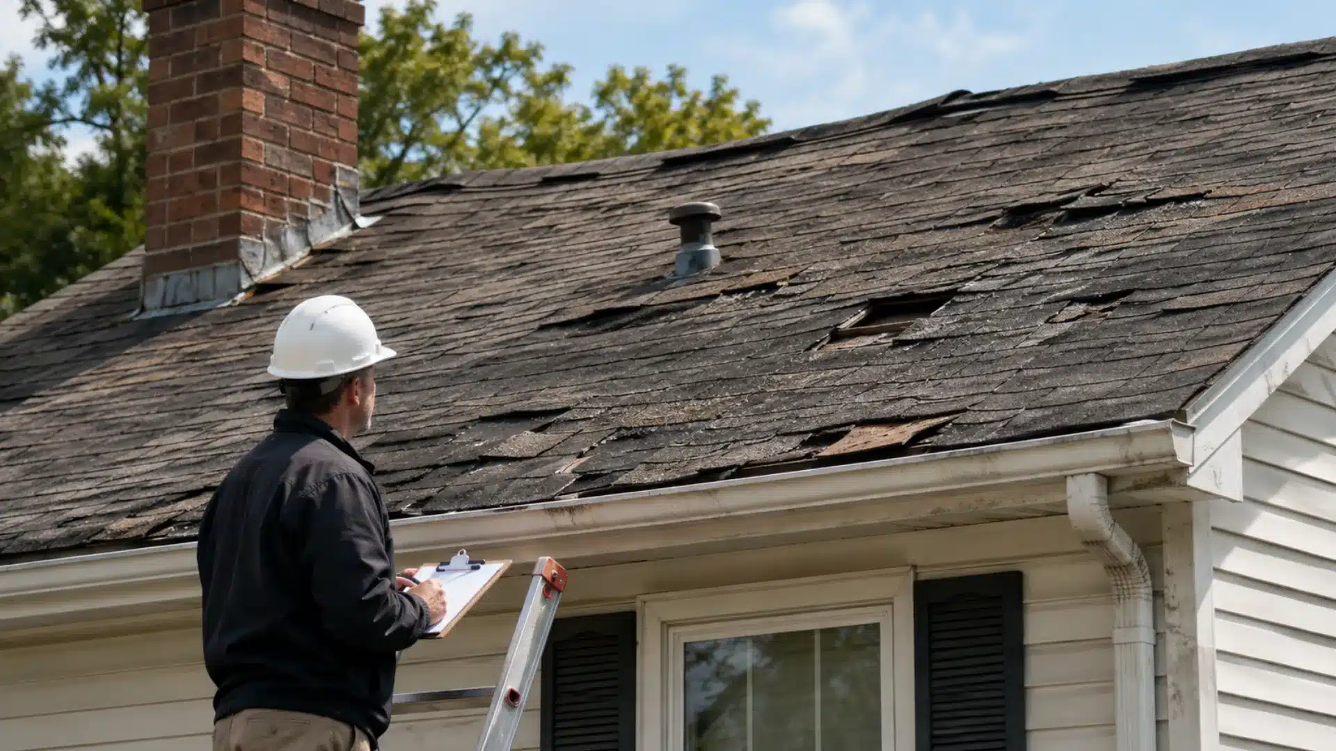Professional roofer inspecting damaged shingles, flashing, and structural roof wear