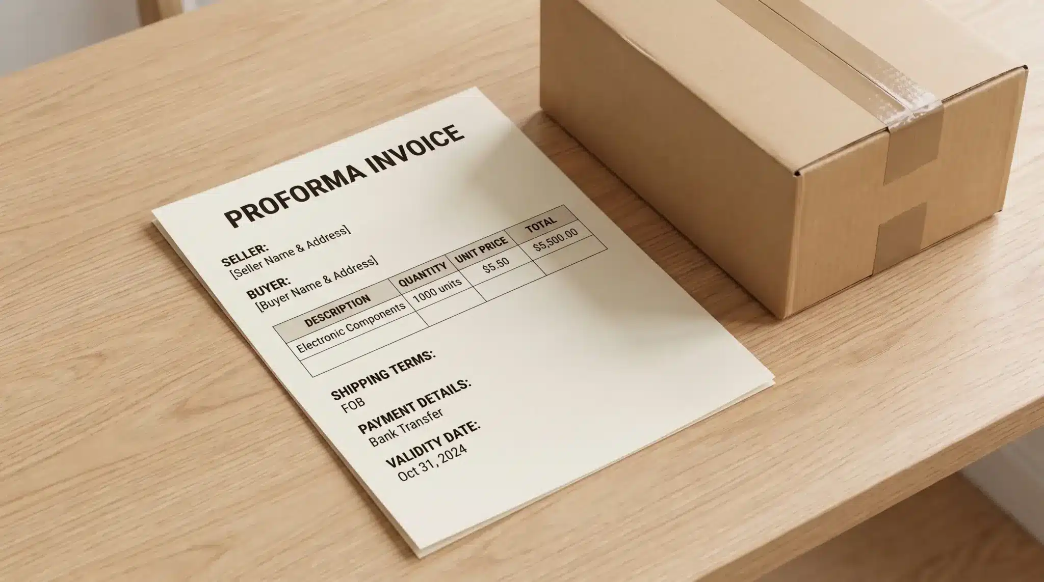 Proforma invoice with estimated order, pricing, payment, and shipping details beside a sealed package.