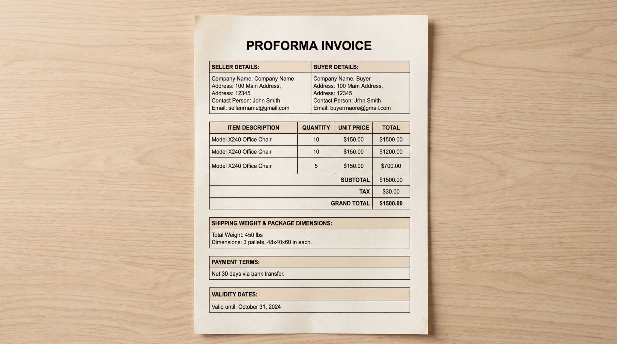 Proforma invoice showing buyer, seller, pricing, shipping, payment, and validity details.