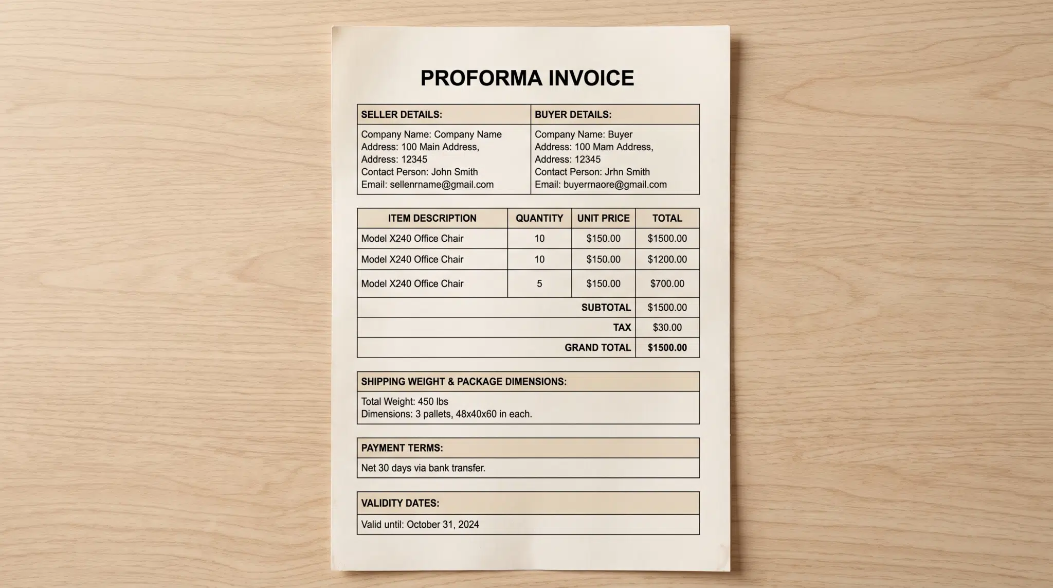 Proforma invoice showing buyer, seller, pricing, shipping, payment, and validity details.