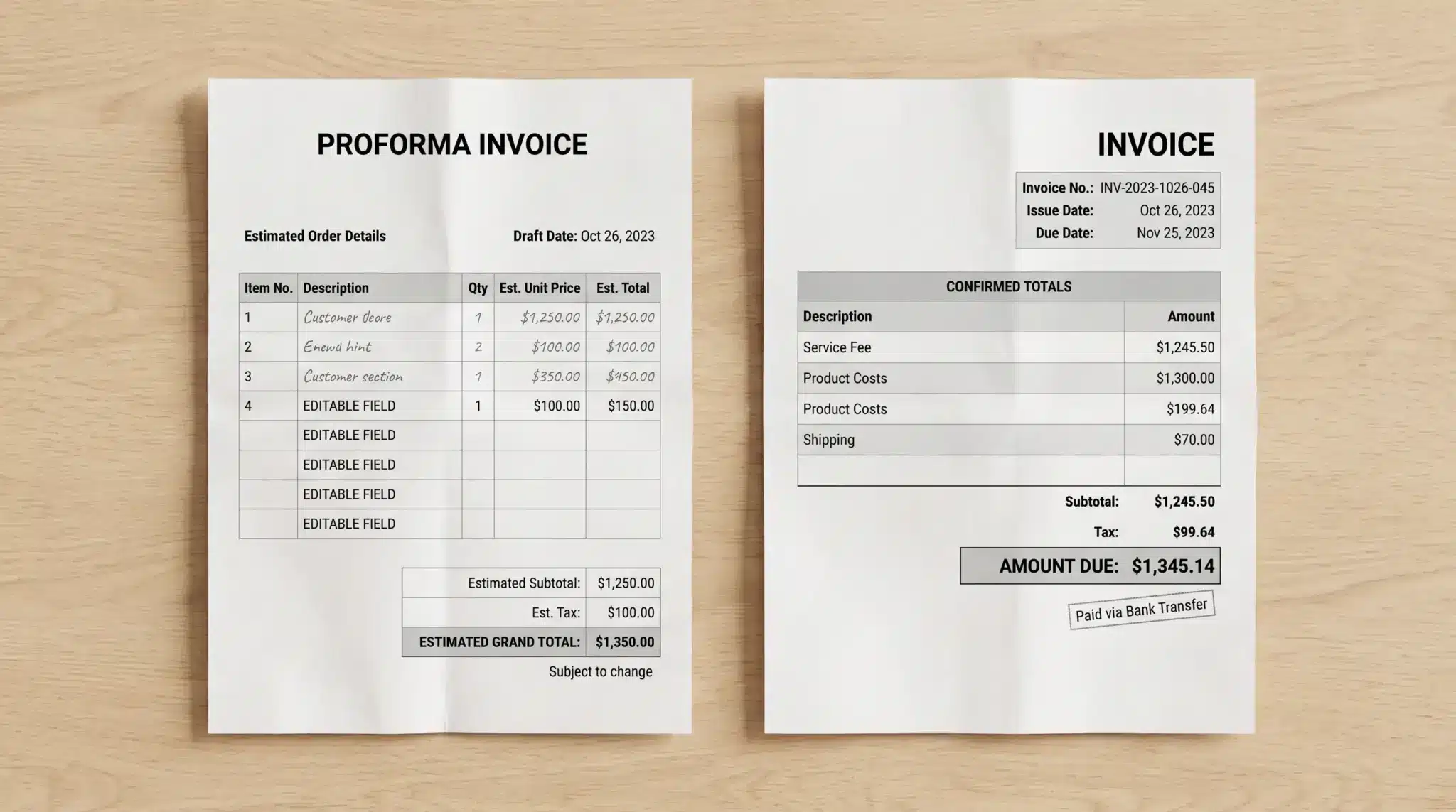 Proforma invoice with estimated details beside a final invoice with confirmed totals.