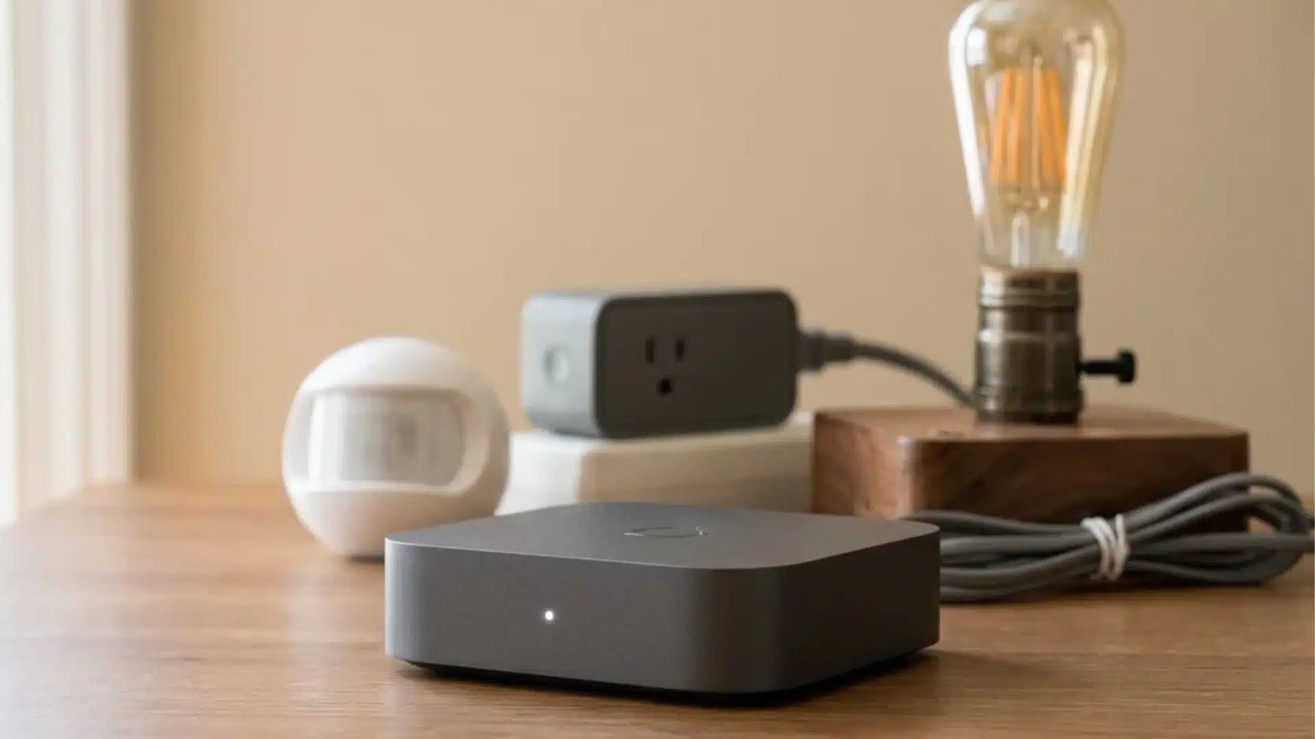 Hub device surrounded by mismatched smart home devices on a shelf