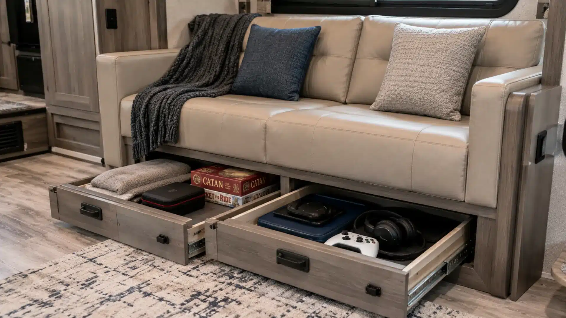 Pull-out drawers store blankets, games, and electronics beneath a compact RV sofa