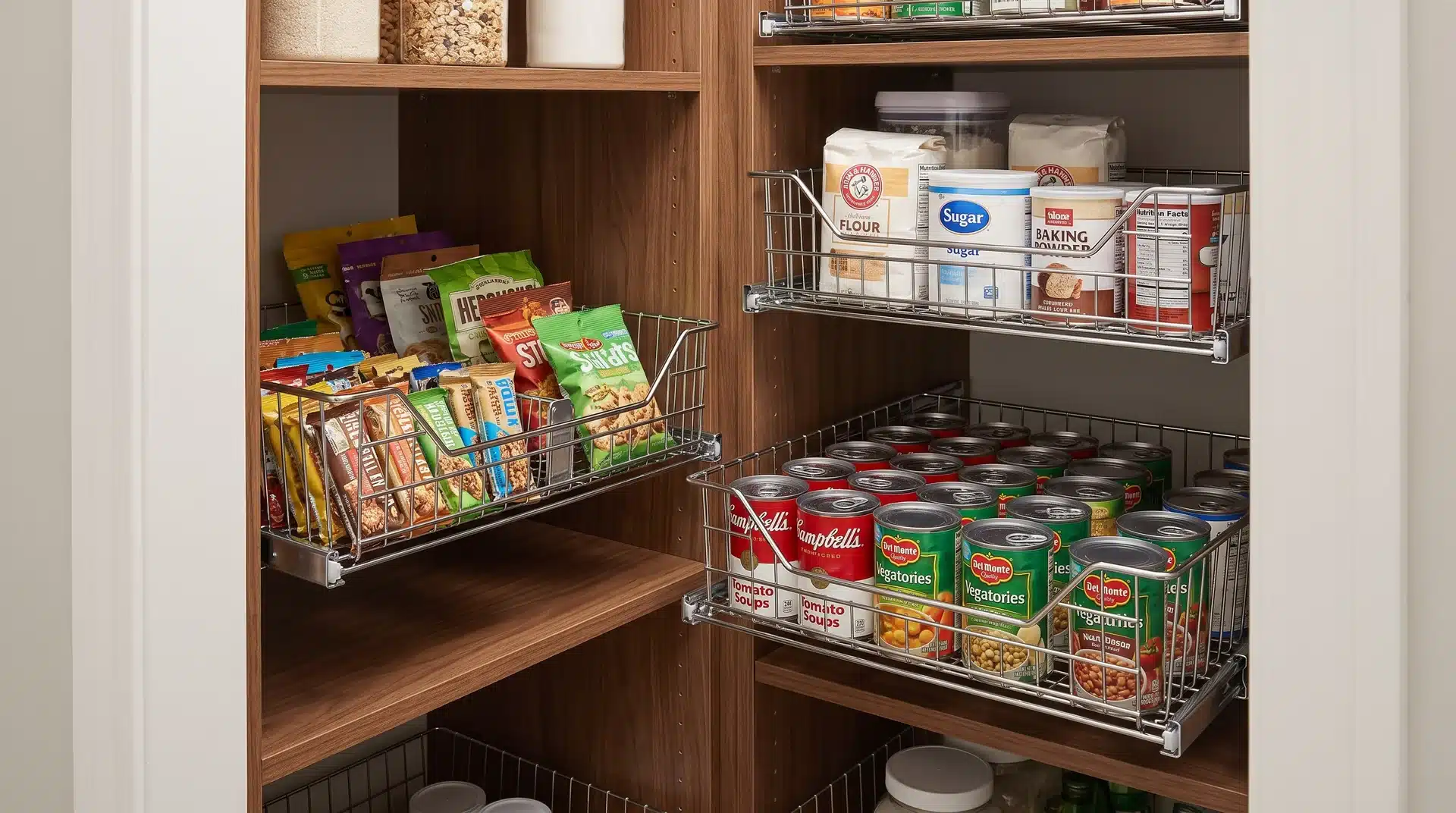 Pull-out pantry shelves with wire baskets holding snacks, canned foods, baking supplies, and organized kitchen staples