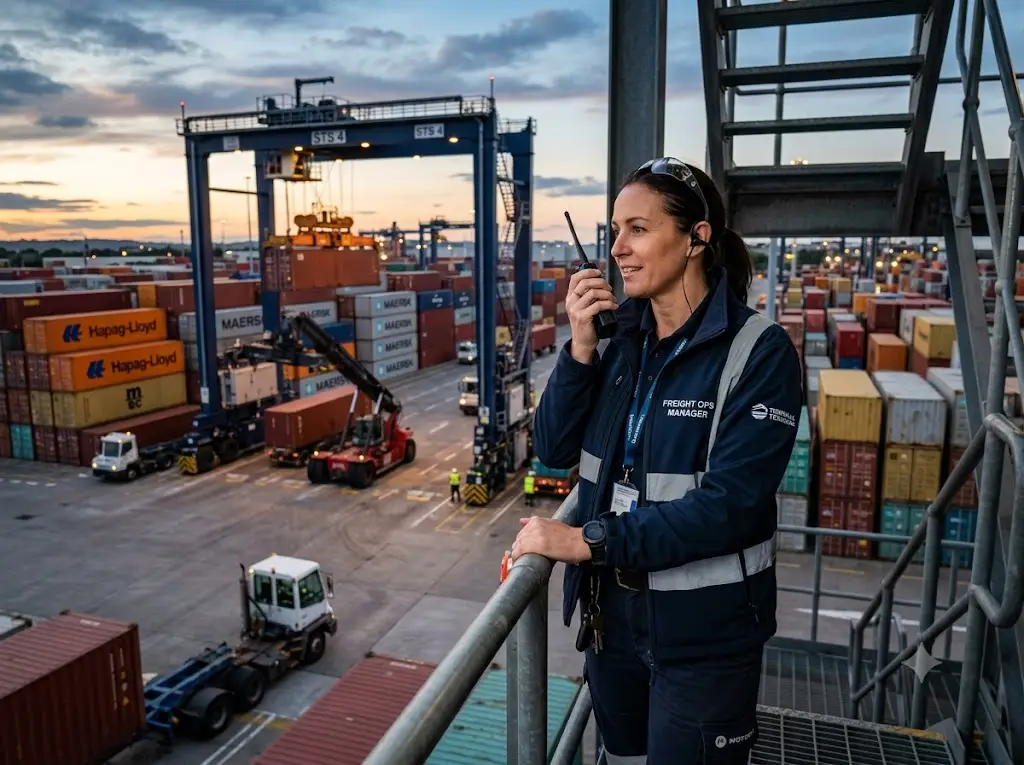 Operations manager communicating via radio in a busy shipping port with containers and cranes