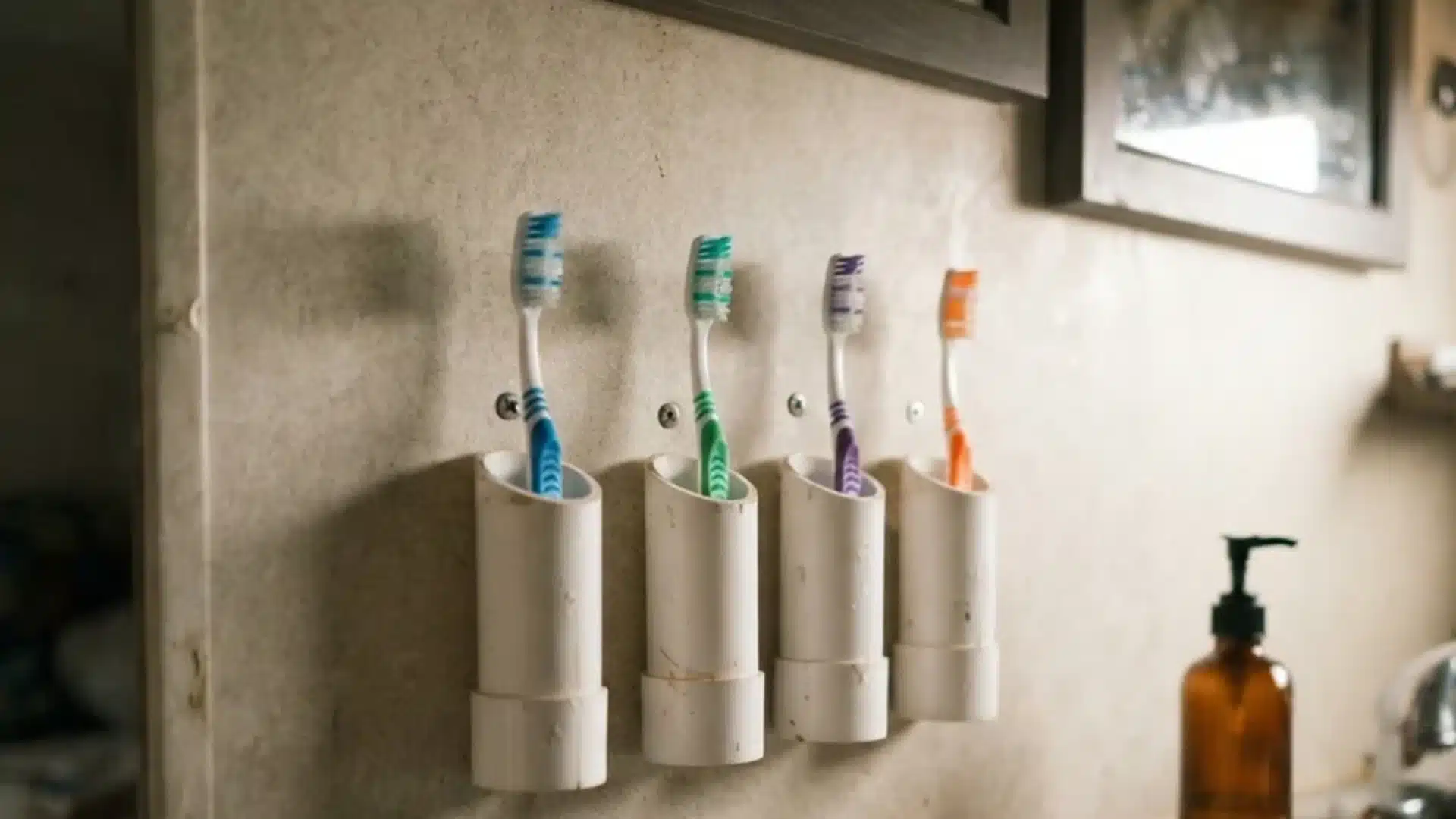 Pvc pipe sections mounted on a wall holding toothbrushes upright