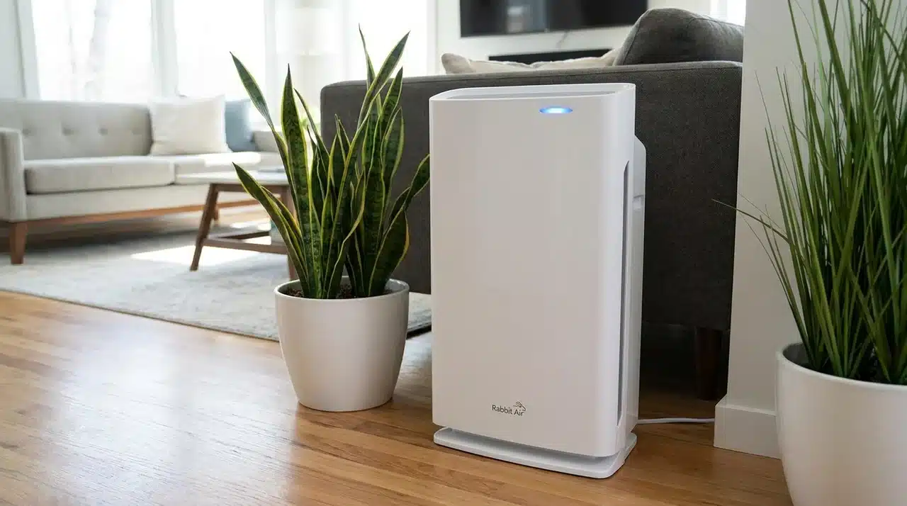 Rabbit Air A3 wall-mounted style air purifier with custom filter panel