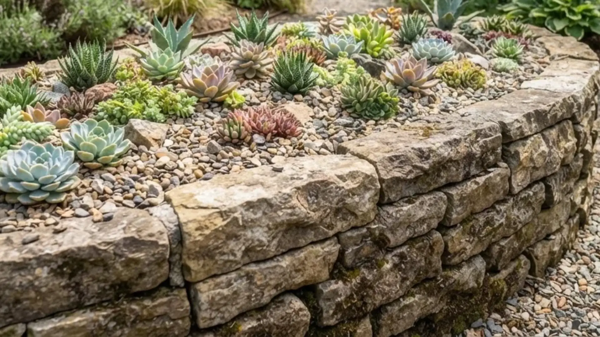 Raised rock garden bed built from stacked stone walls filled with gravel and succulents