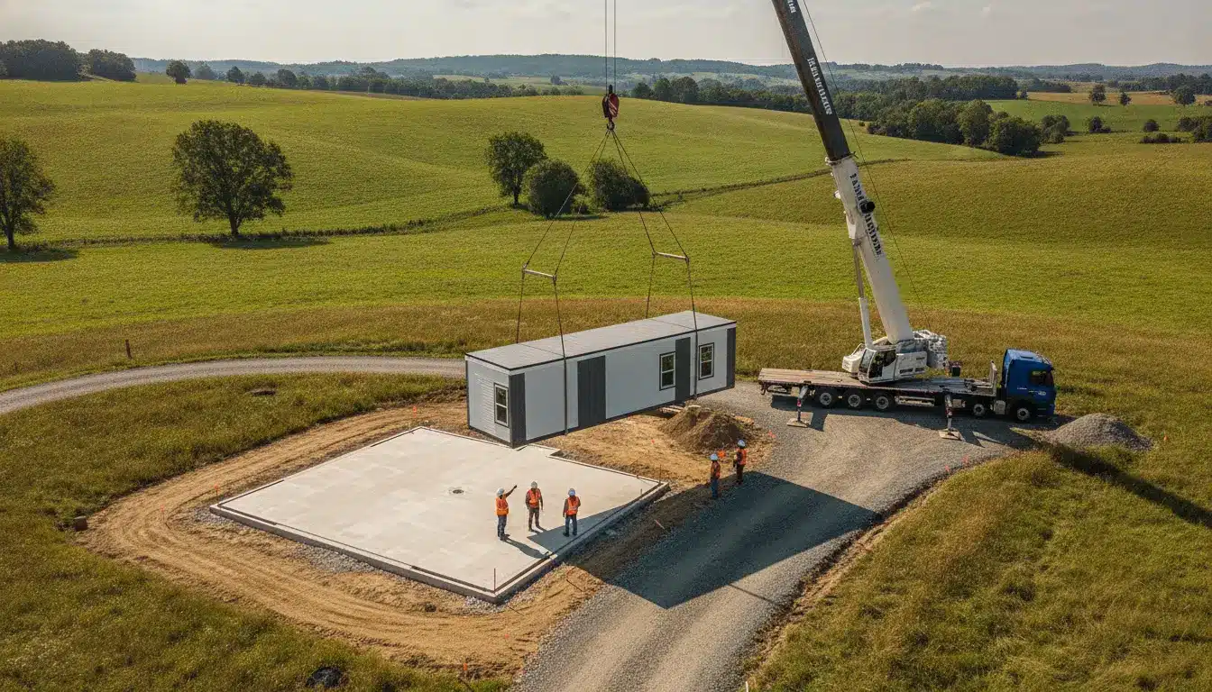 Modular home being lowered by crane onto foundation in rural field with workers in safety vests
