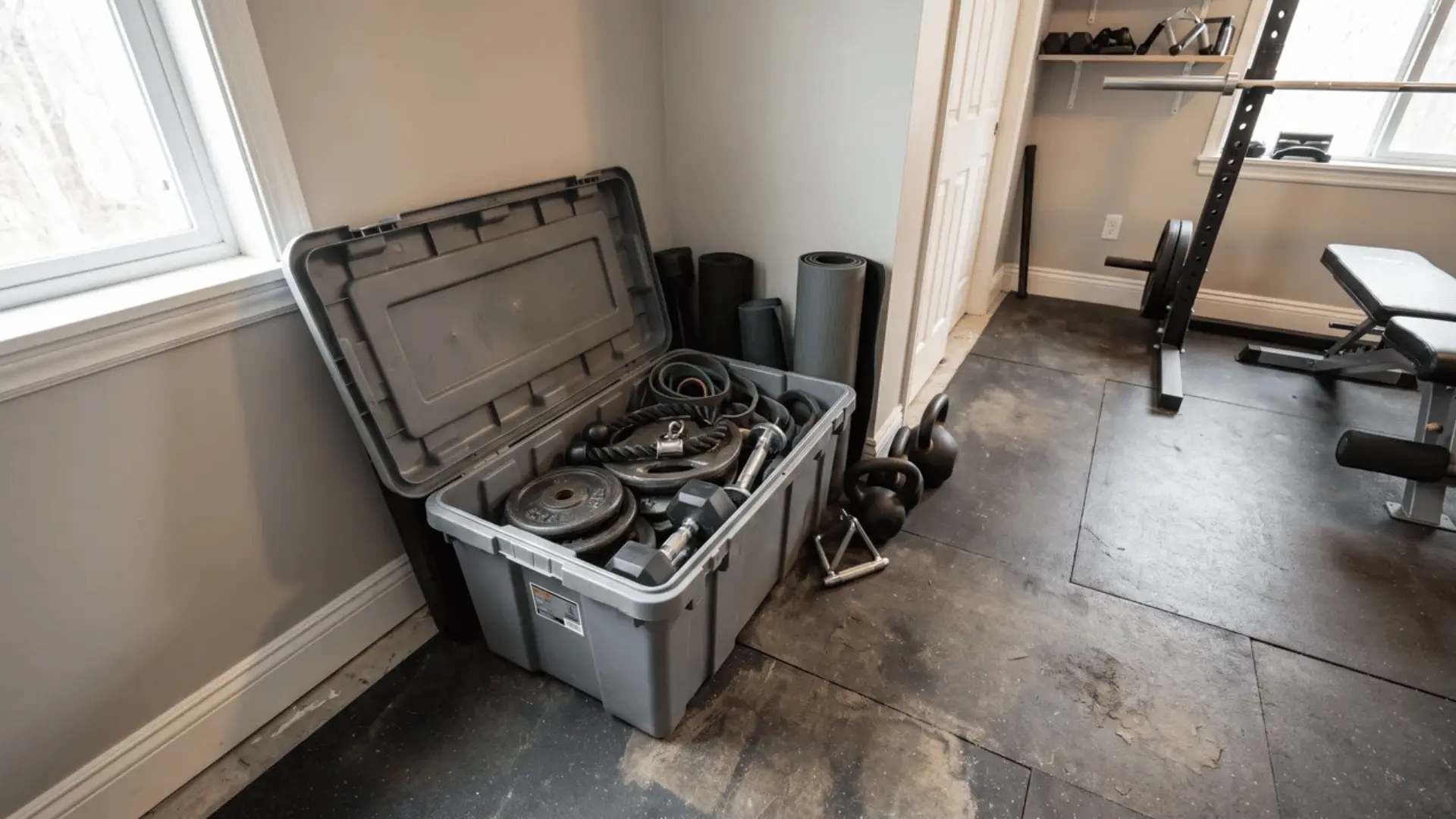 Realistic storage bin with weight plates in a home gym corner