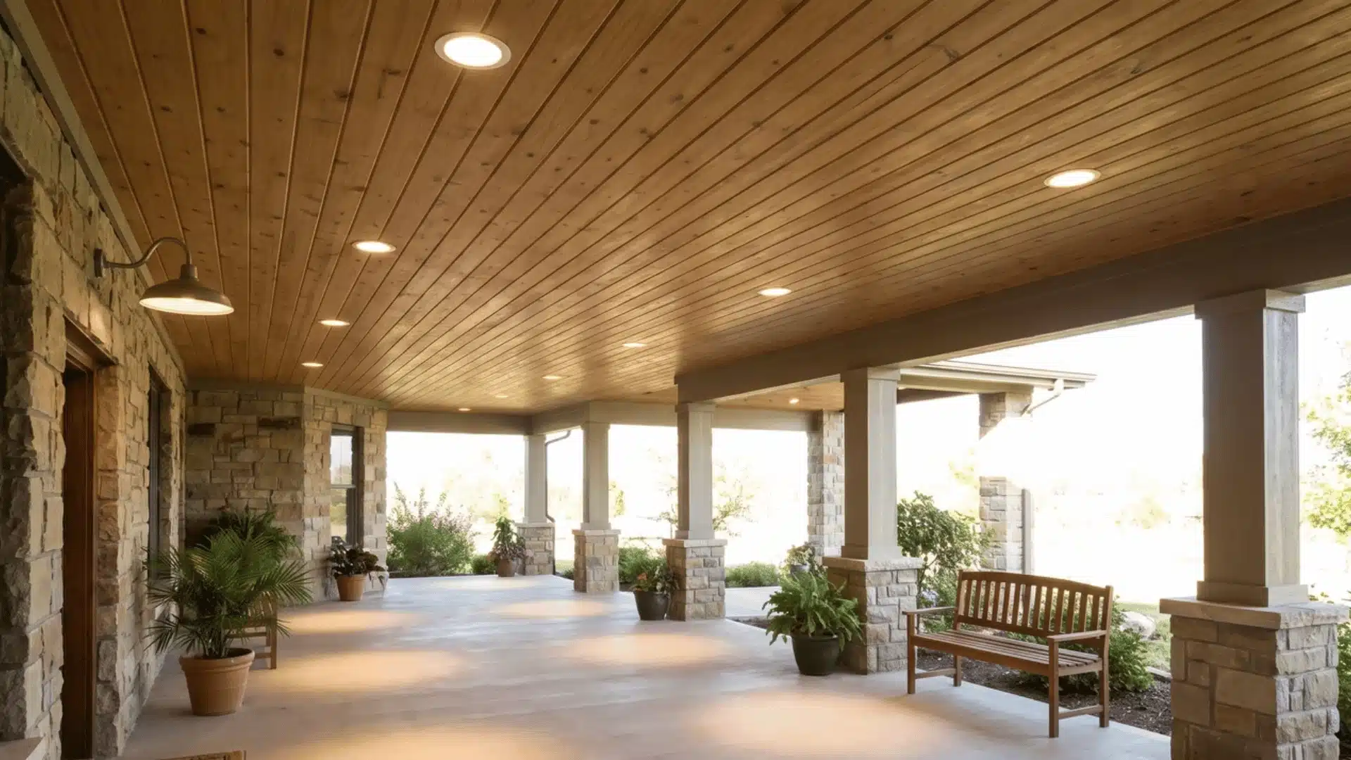 Recessed lights spaced across a covered porch ceiling