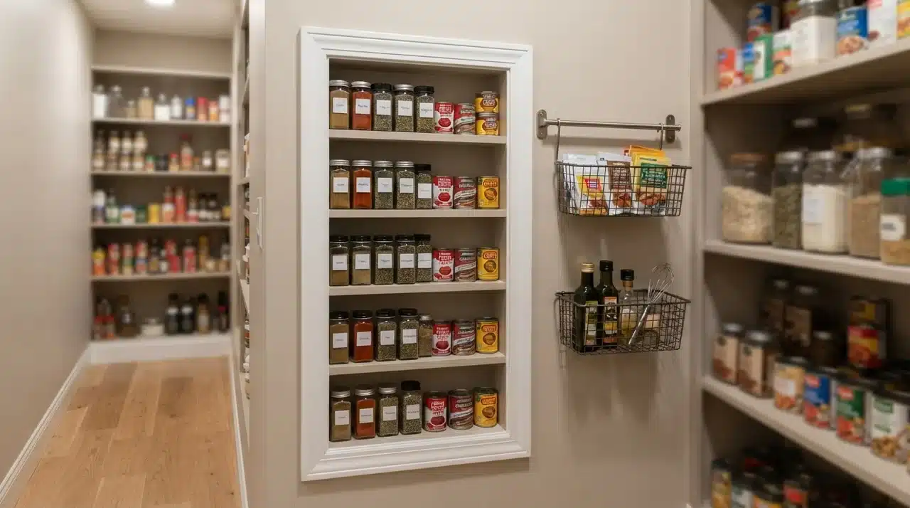 Recessed wall niche in narrow pantry holding spice jars and cans, with slim rail and wire baskets mounted beside it