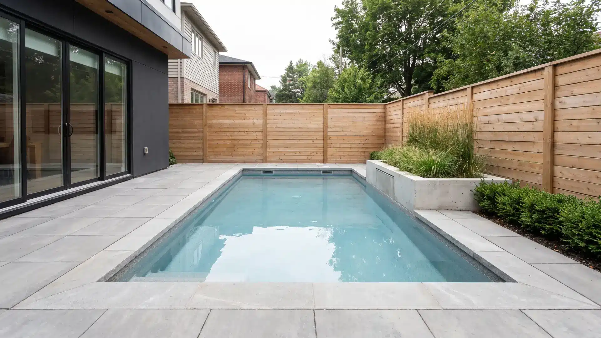 Rectangular geometric pool with straight edges in a modern backyard layout.