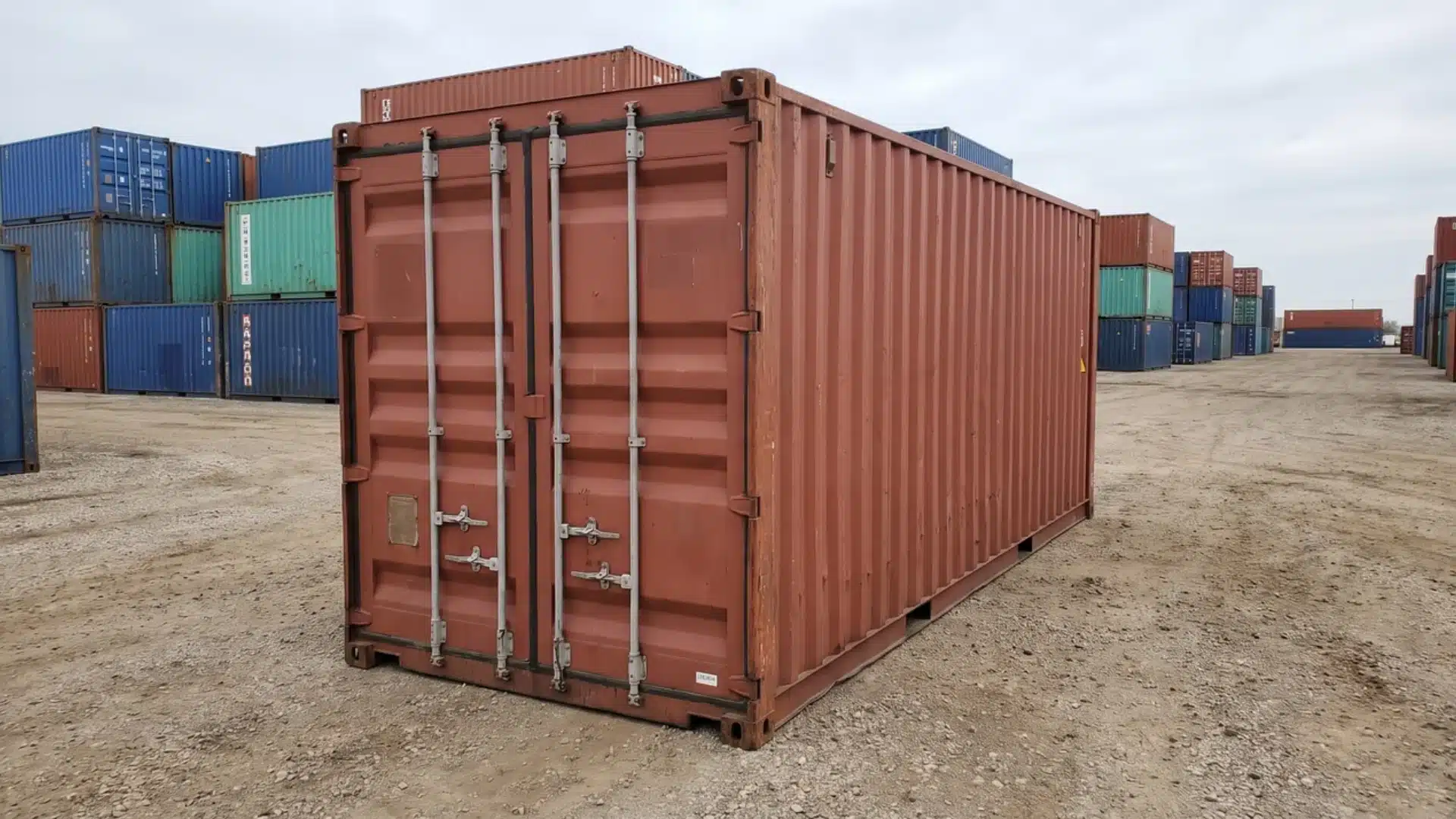 Closed red steel shipping container standing in a outdoor storage yard.