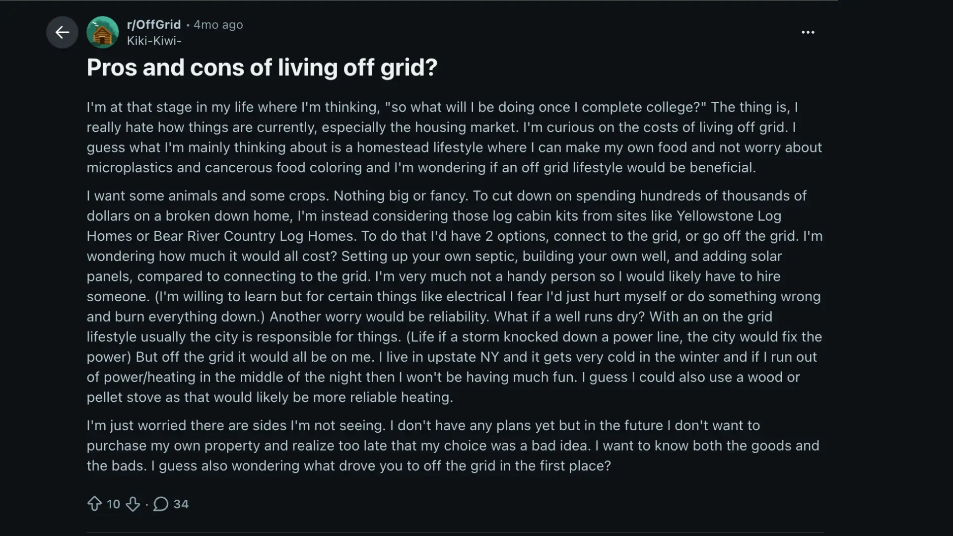 Reddit post asking about the pros, cons, costs, and reliability of living off-grid in upstate New York.