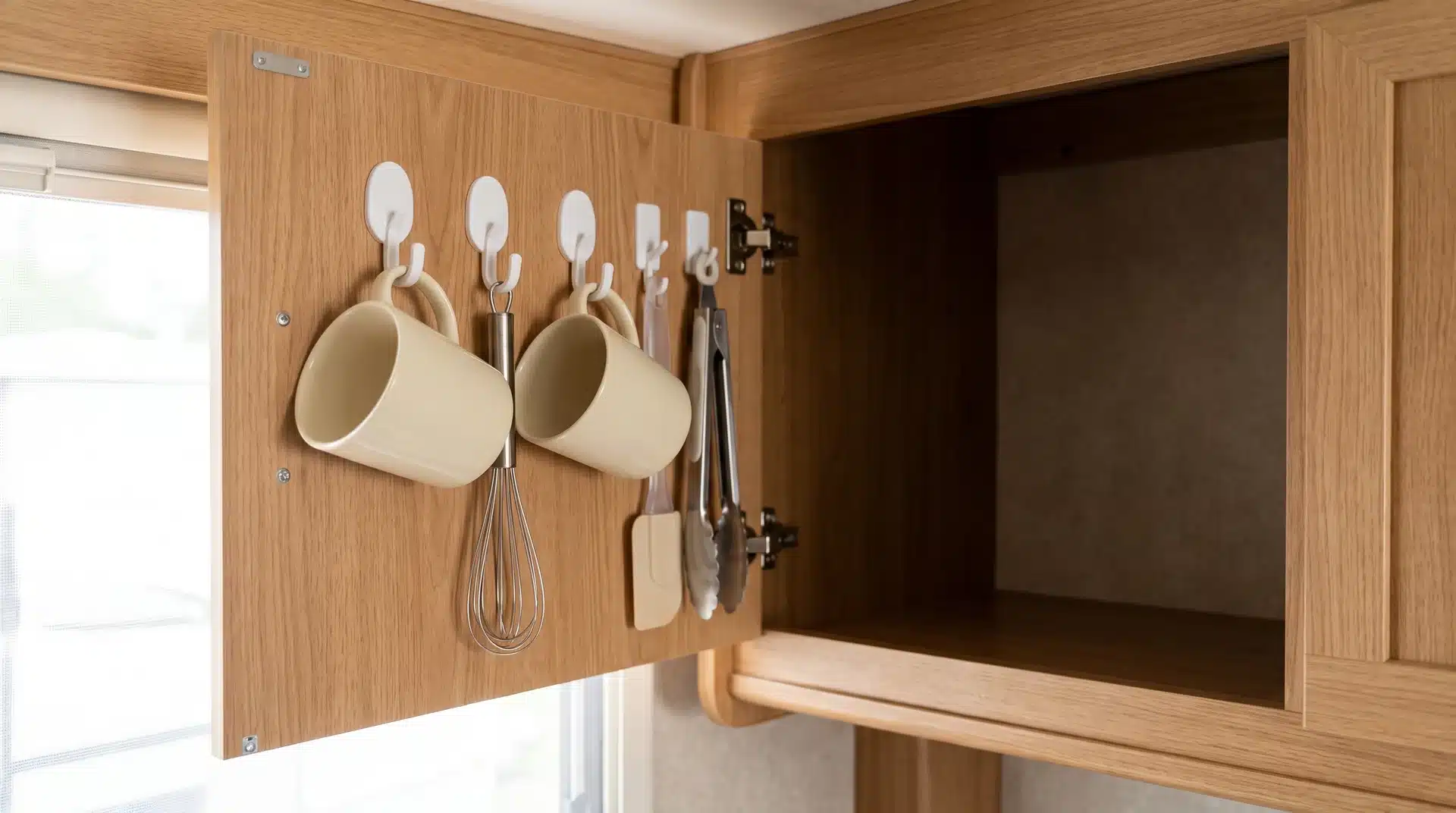Removable hooks holding mugs and utensils inside an RV cabinet door