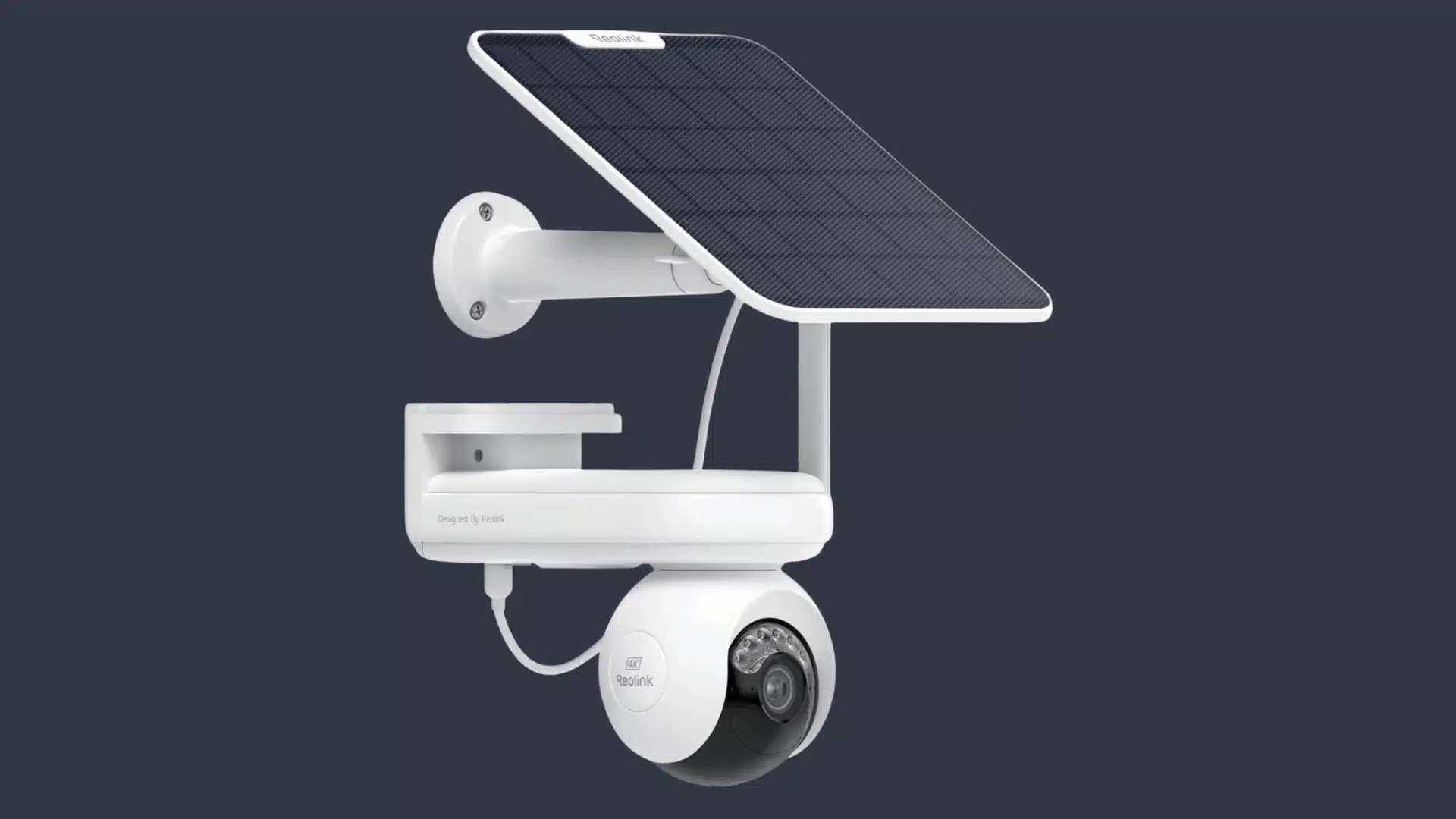 White Reolink solar-powered security camera with a pan-and-tilt lens and wall-mounted solar panel.