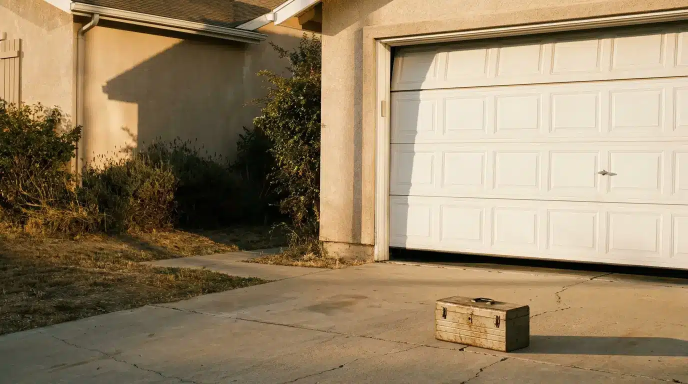 Weathered toolbox on cracked concrete driveway beside closed white garage door in afternoon light