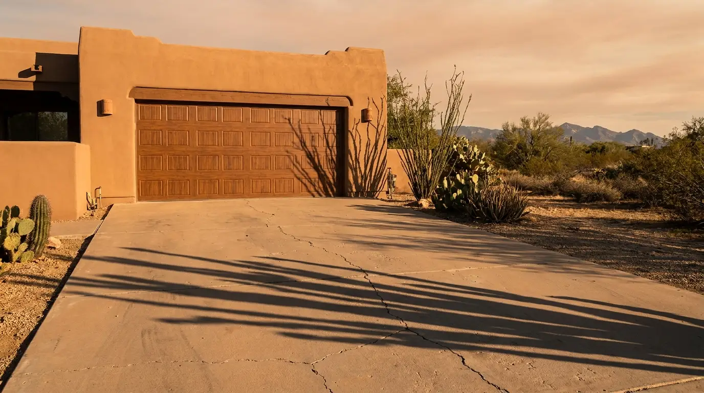 Southwestern adobe-style house with wooden garage door and desert landscaping in warm sunlight