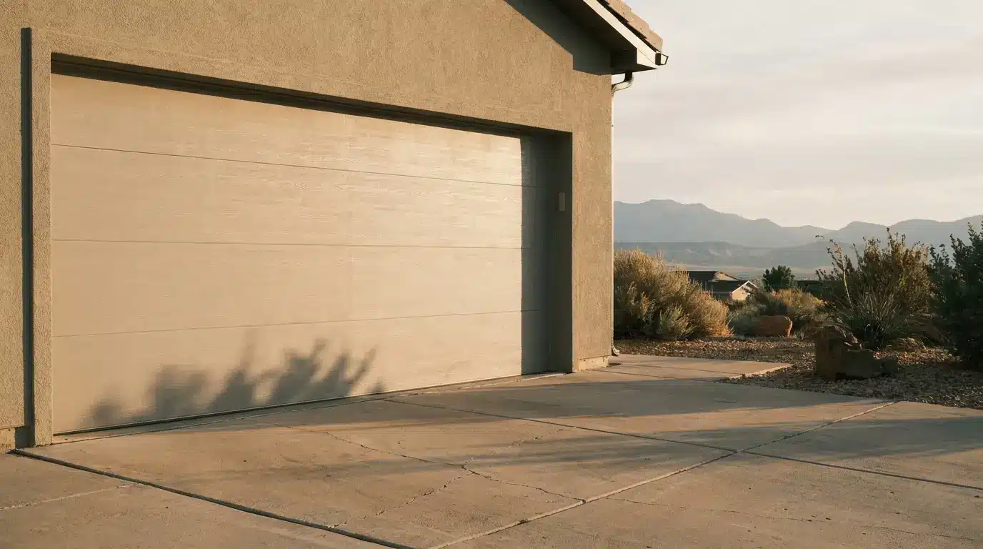 Closed beige garage door on stucco house with mountain view and dry landscape