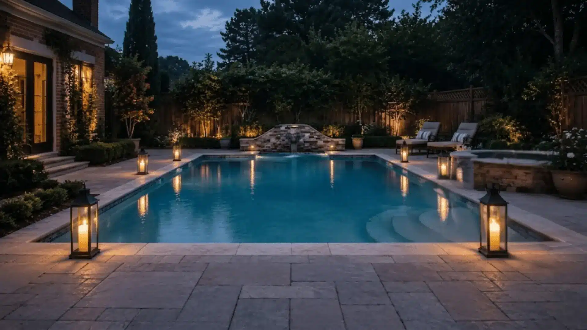 Residential pool deck with lanterns placed around the pool edge at dusk
