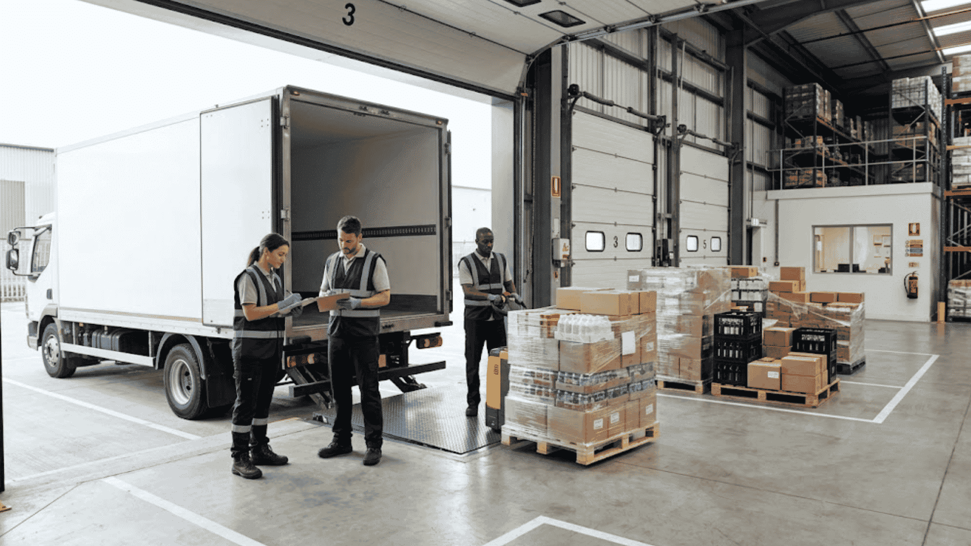 Retailer receiving food shipment on time with pallets and refrigerated delivery truck