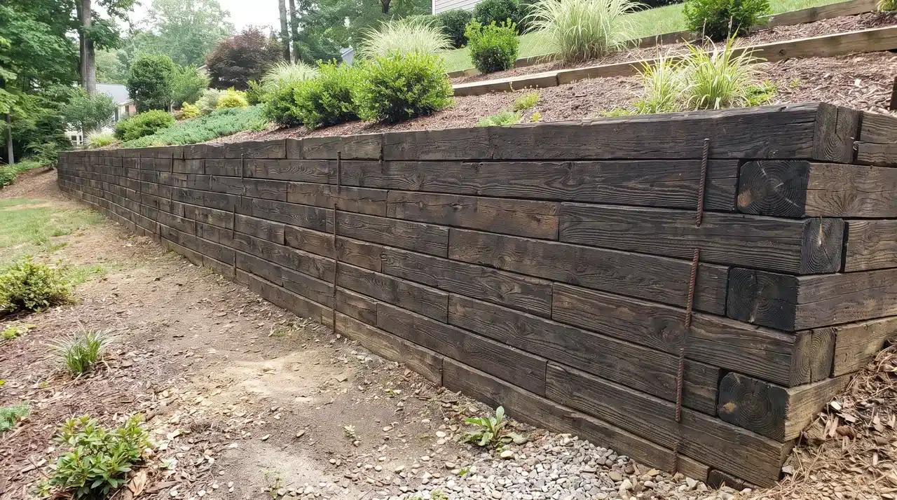 Retaining wall built from stacked pressure-treated landscape timbers