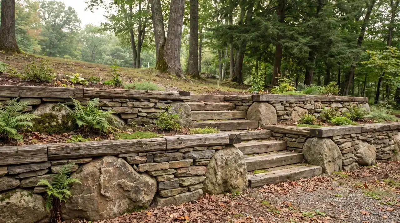 Retaining wall combining natural stone, boulders, and timber accents