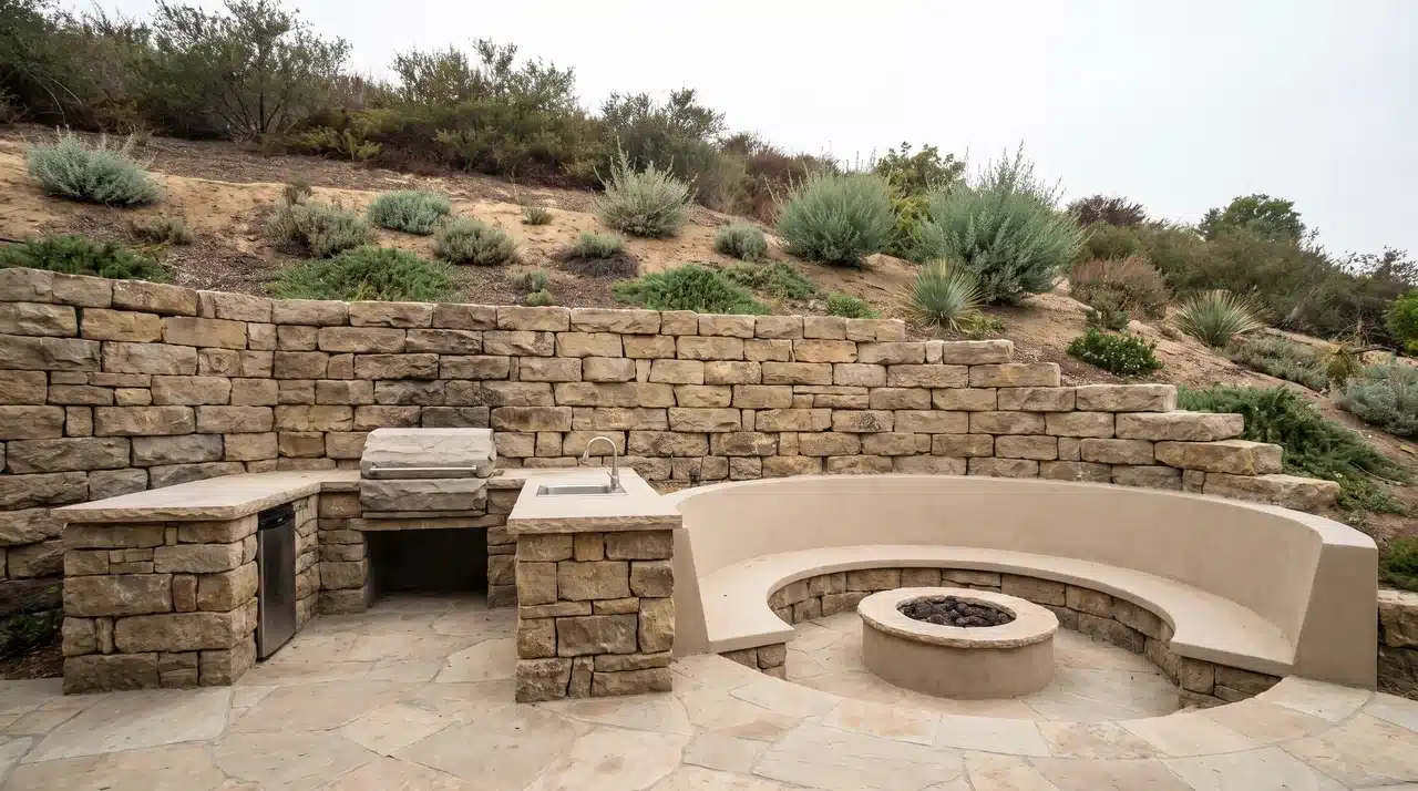 Retaining wall forming part of an outdoor fire pit or kitchen area
