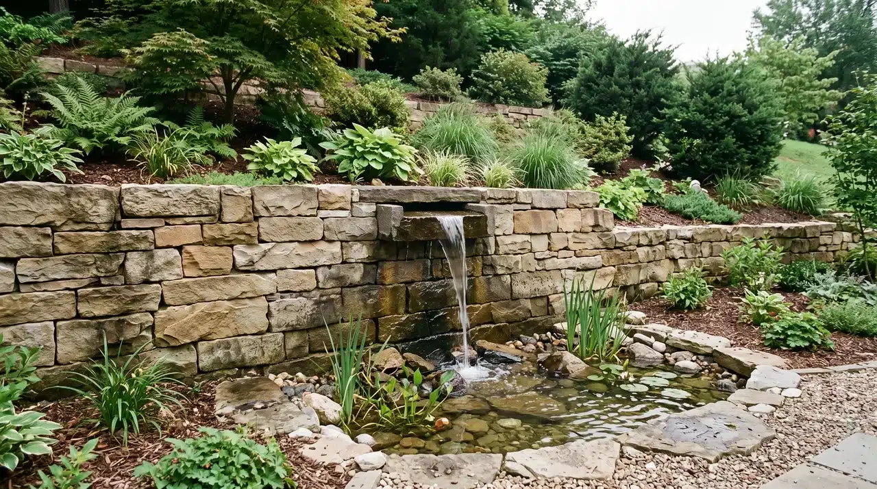 Retaining wall with a built-in spillway feeding water into a basin below