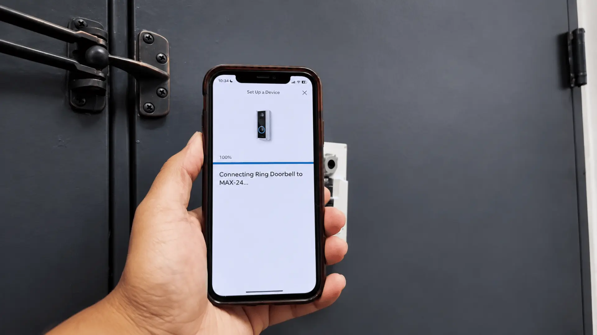 Ring app showing progress while connecting a Ring doorbell to the selected Wi-Fi network.
