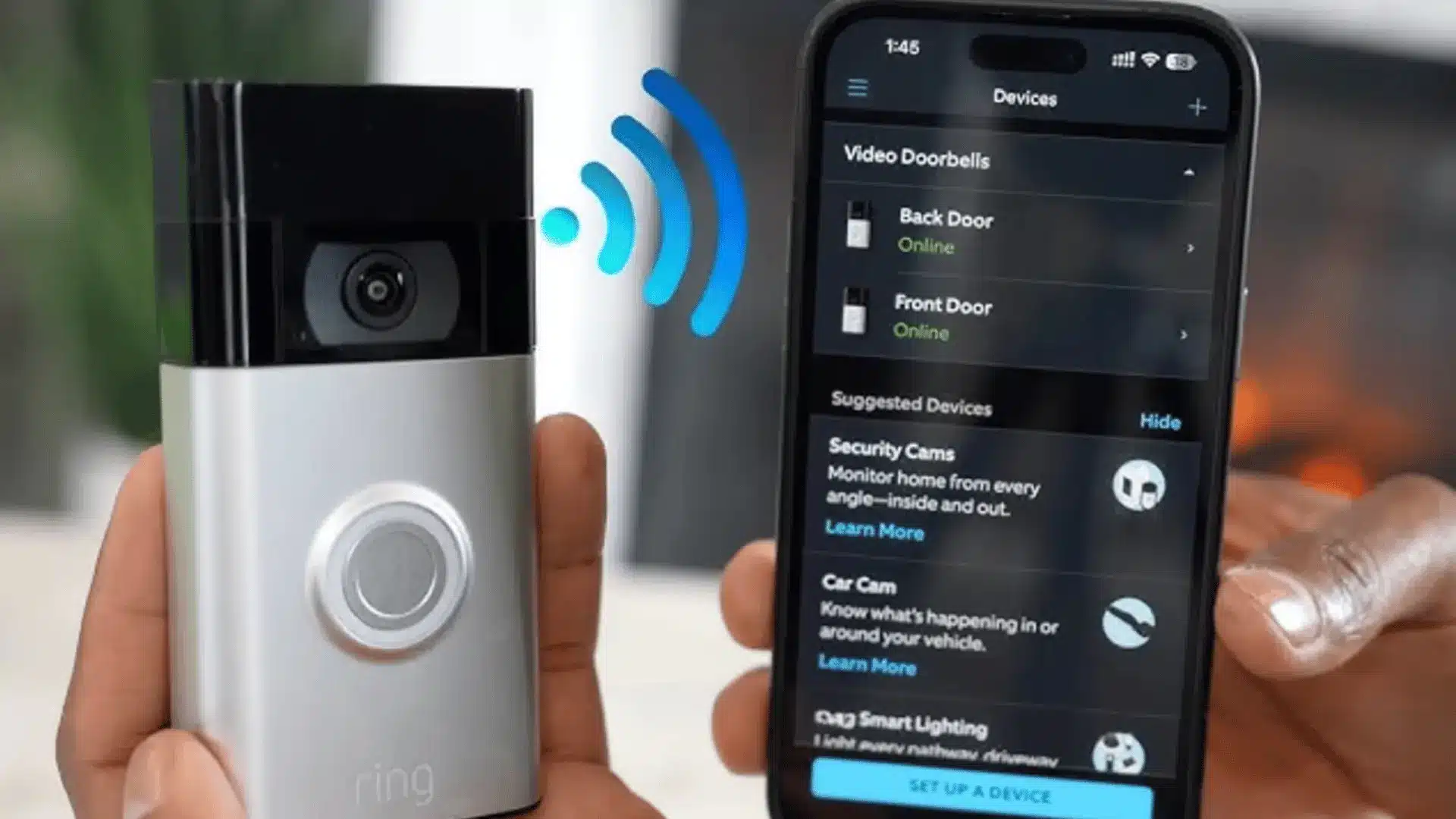 Ring doorbell beside a smartphone showing the Ring app before reconnecting to a new Wi-Fi network.