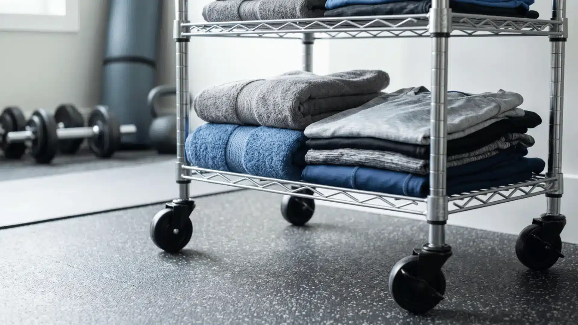 Rolling cart holding towels in a home gym