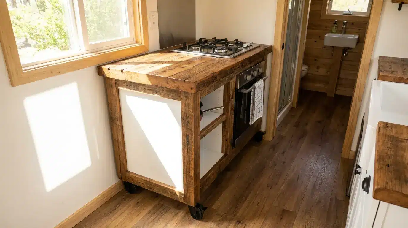 Rolling kitchen island with wheels near a compact stove