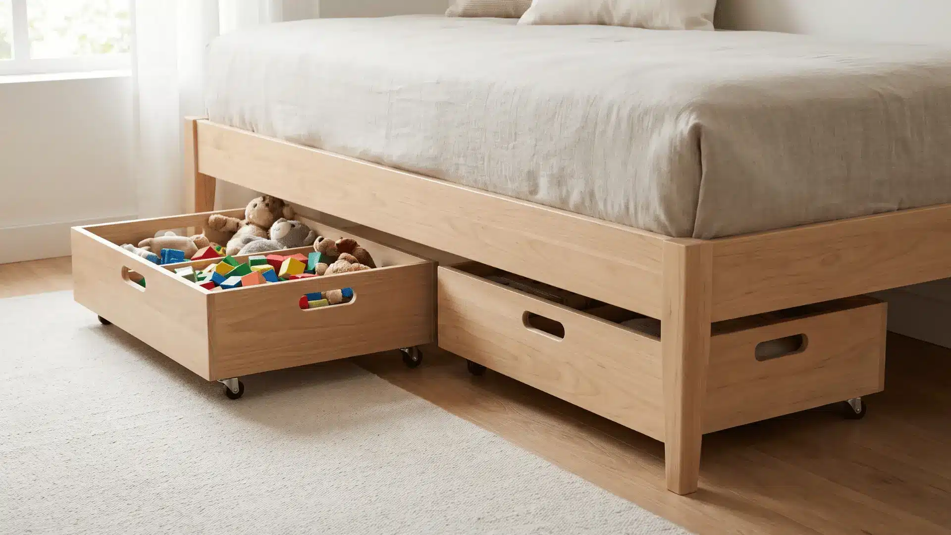 Rolling toy carts stored beneath a playroom daybed with one cart partially pulled onto the open floor