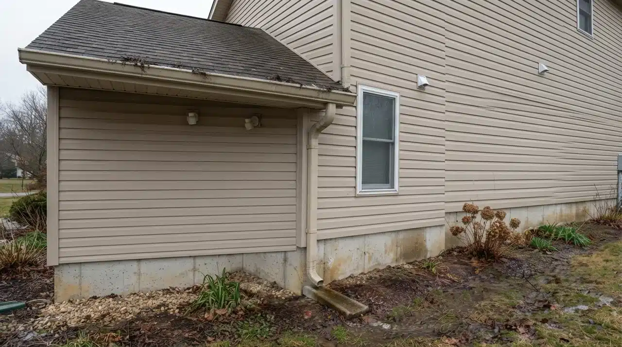 Roof gutter with debris, downspout, siding, foundation, and drainage area beside a home