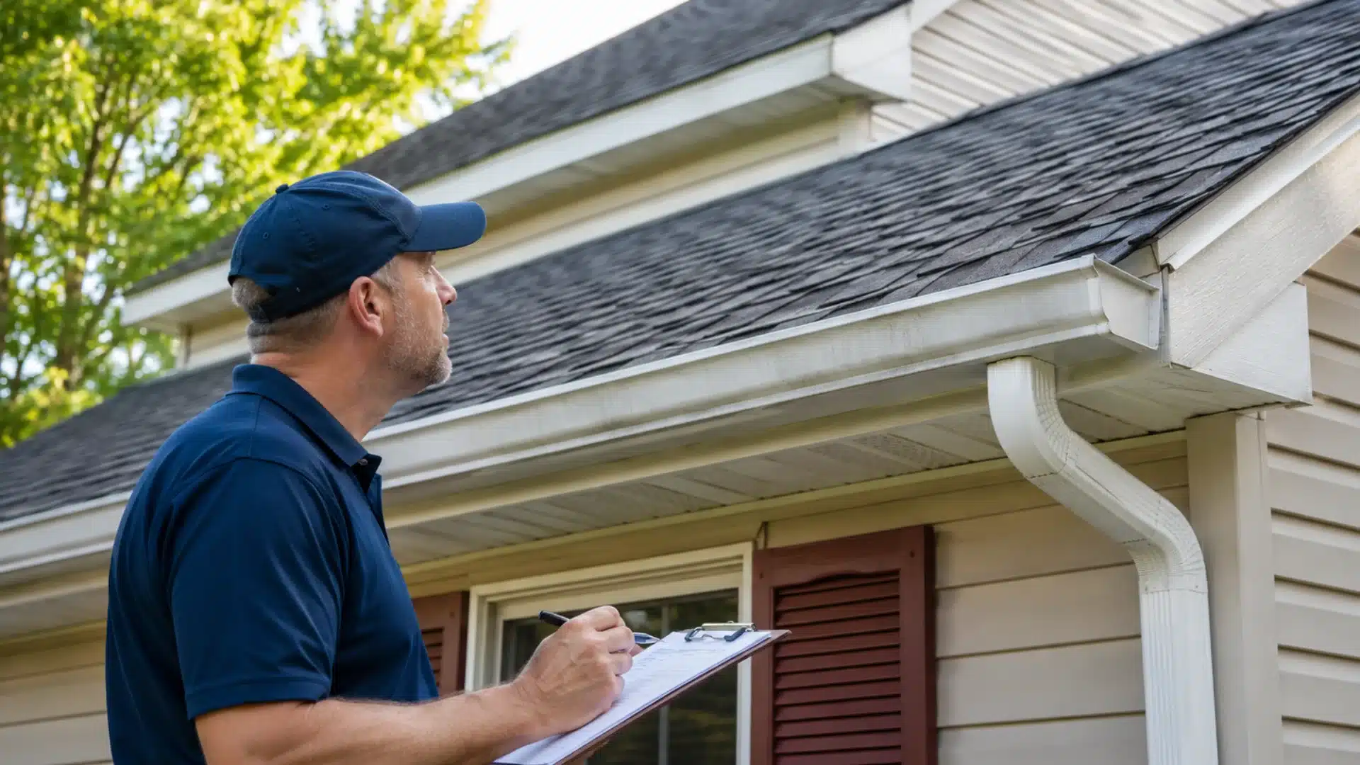 Home inspector reviewing roof shingles, gutters, and drainage with a checklist