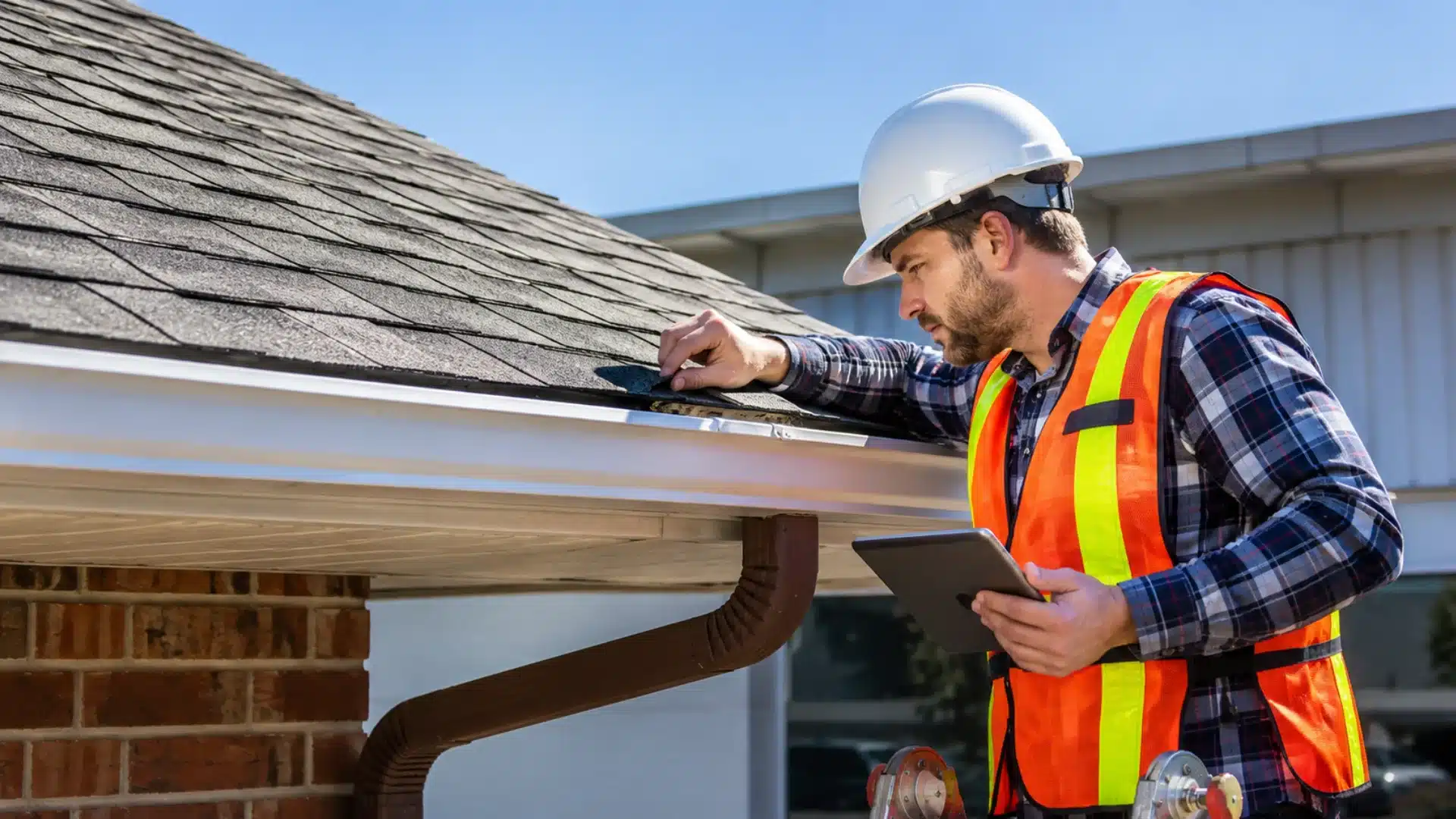 Roof inspector checking shingles and gutter edges while holding a tablet on a ladder