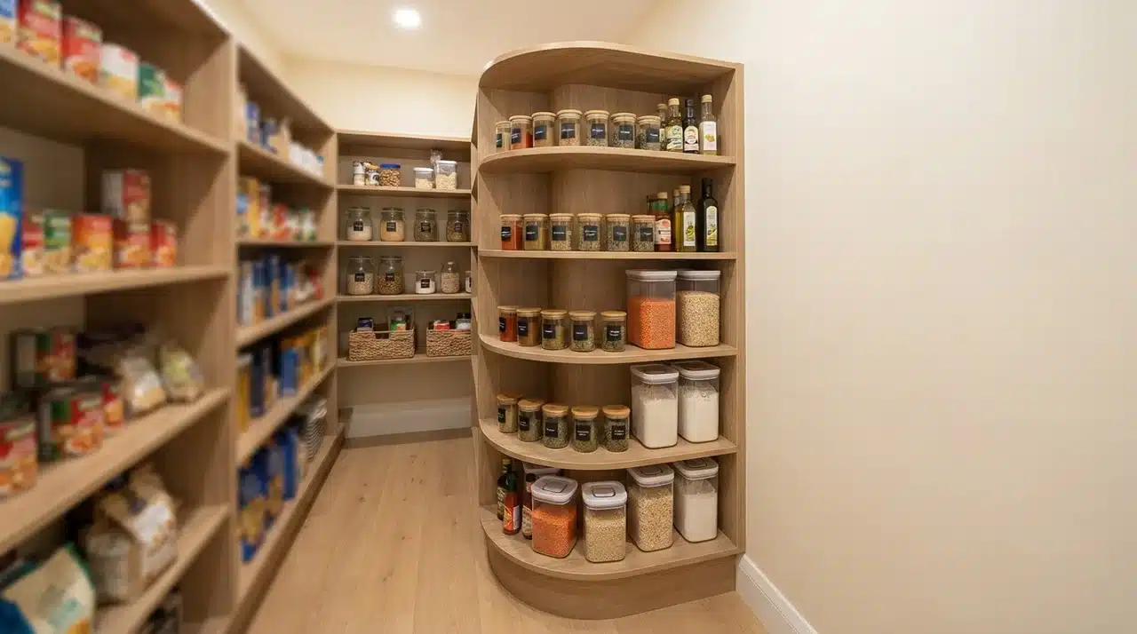 Rounded corner pantry shelf at two-wall junction holding small jars, with narrow aisle alongside