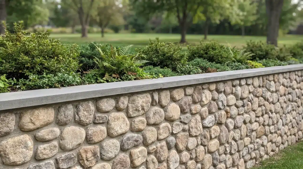 Rounded natural stones set in mortar with gray capstones forming a straight retaining wall.