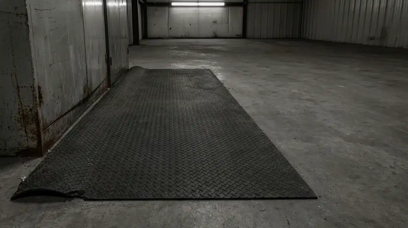 Dark warehouse interior with metal flooring and industrial lighting overhead