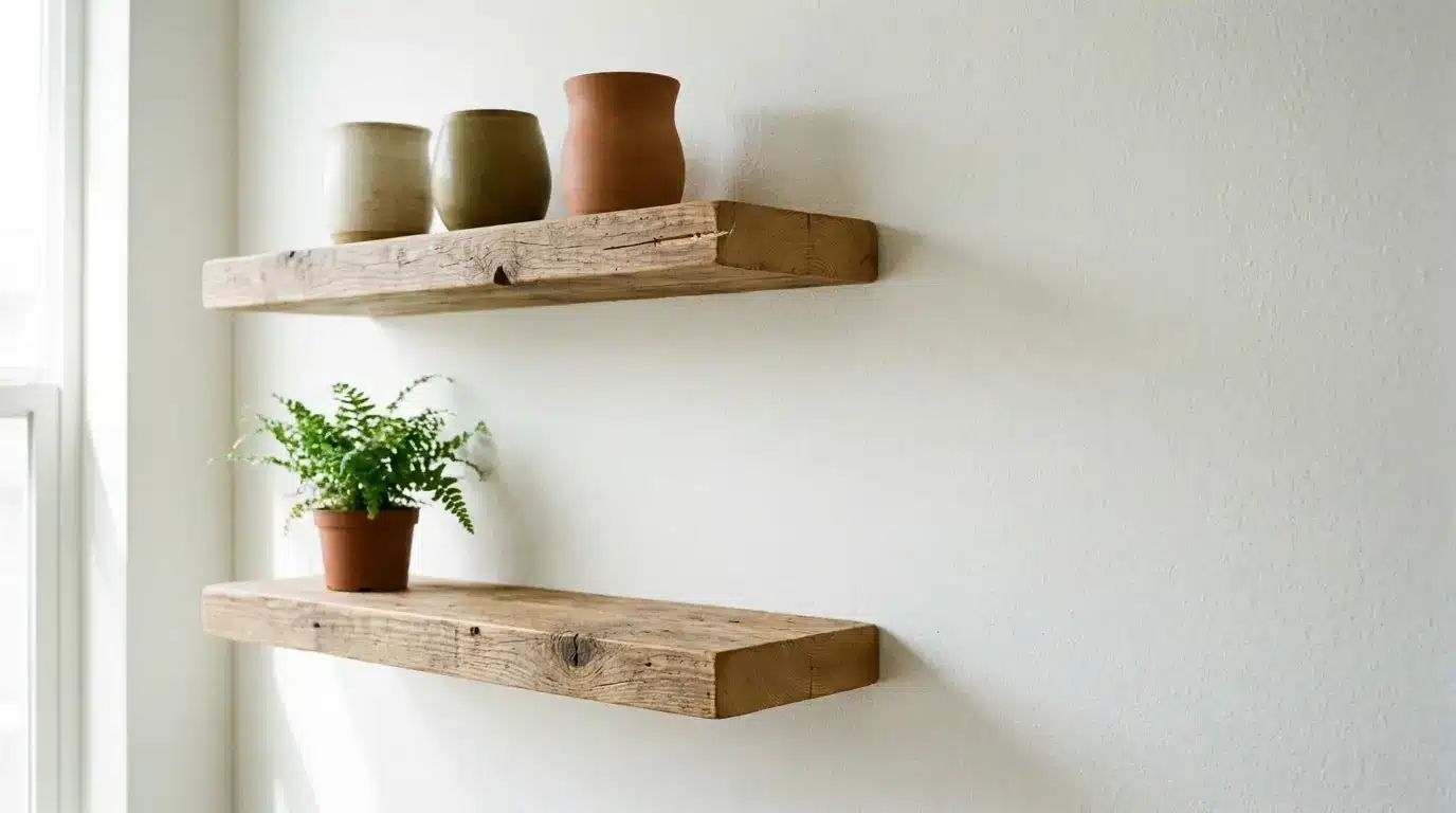 Wooden floating shelves with ceramic pots and a small fern in a bright room