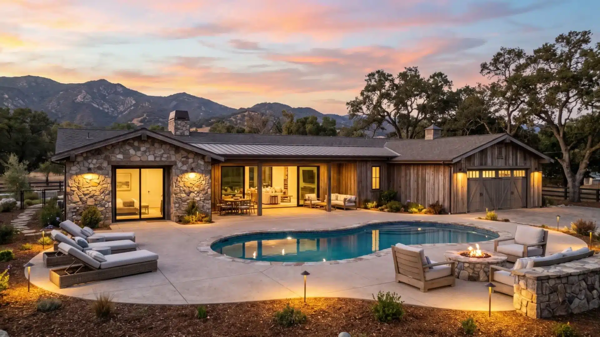 Rustic stone and wood ranch home at dusk with a swimming pool and fire pit.